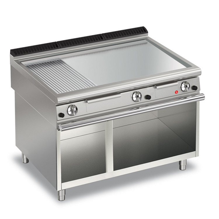 GAS-GRILLPLATTEN - CHROMPLATTE 2/3 GLATT - 1/3 GERILLT MIT THERMOSTAT AUF UNTERBAU