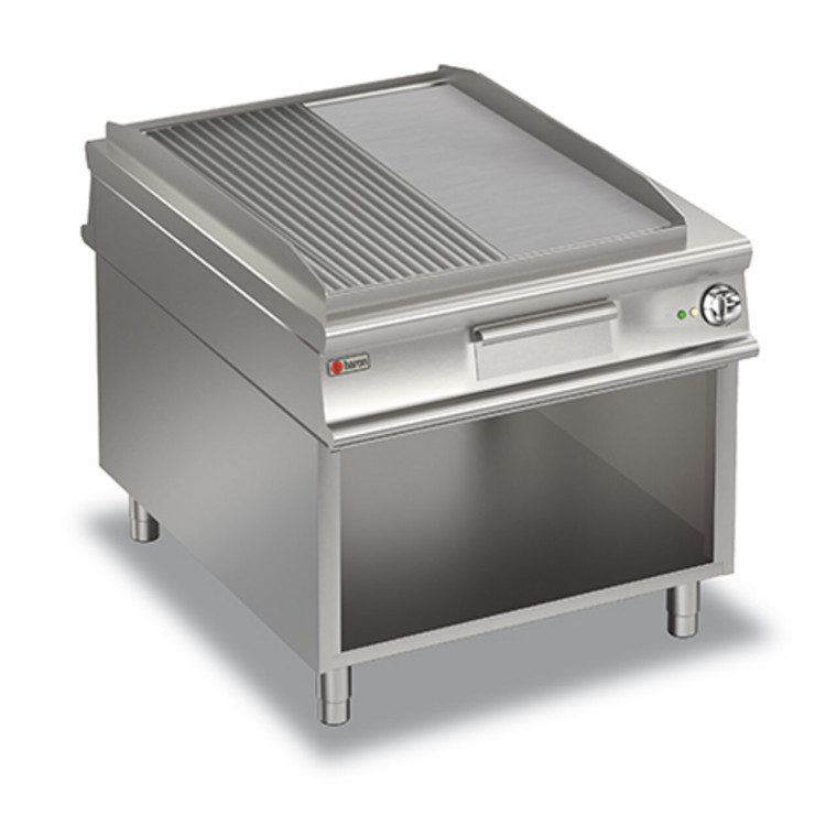 ELECTRIC THROUGH-TOP FRY-TOP 1/2 SMOOTH 1/2 GROOVED PLATE - ON CABINET