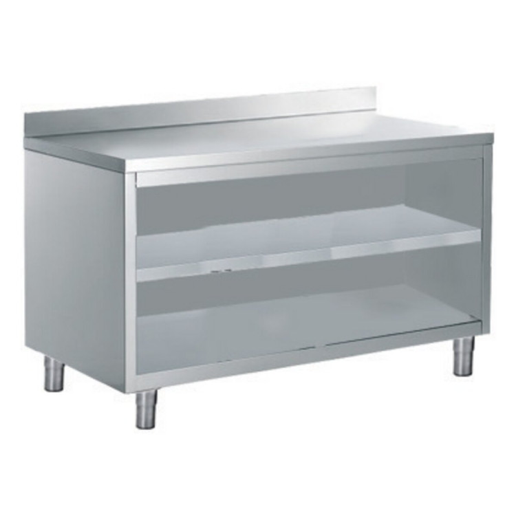 OPEN CUPBOARD TABLES AND AN INTERMEDIATE SHELF WITH SPLASHBACK