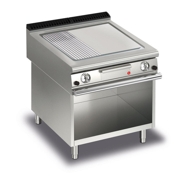 FRY TOP S GAS M80 Brushed Chrome Plate - 1/3 RIBBED - thermostat - on open cabinet